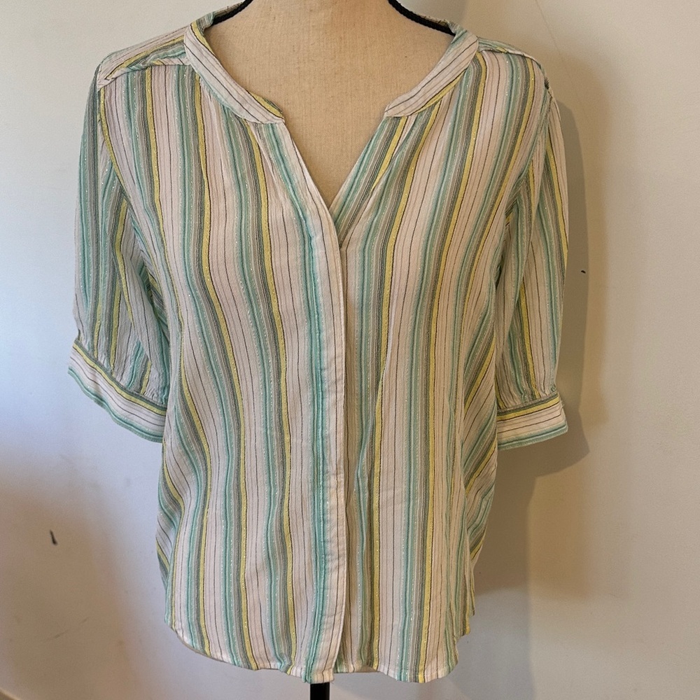 Northern reflections pastel striped yellow, green metallic thread L top shirt